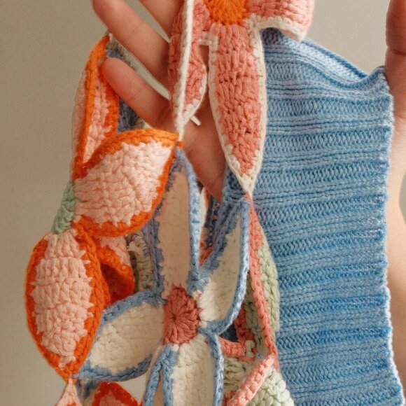 Blue Casual Women's Floral Pattern Sheer Long Sleeve Loose Sweater - Picture 7 of 7